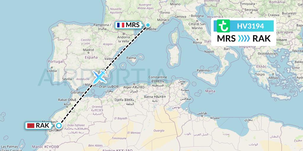 HV3194 Transavia Flight Map: Marseille to Marrakesh 