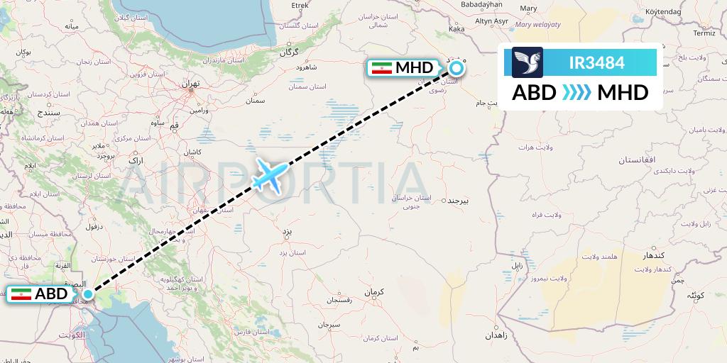 IR3484 Iran Air Flight Map: Abadan to Mashhad
