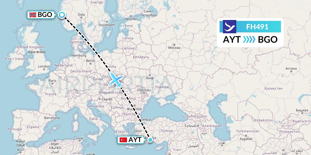 FH491 Freebird Airlines Flight Map: Antalya to Bergen