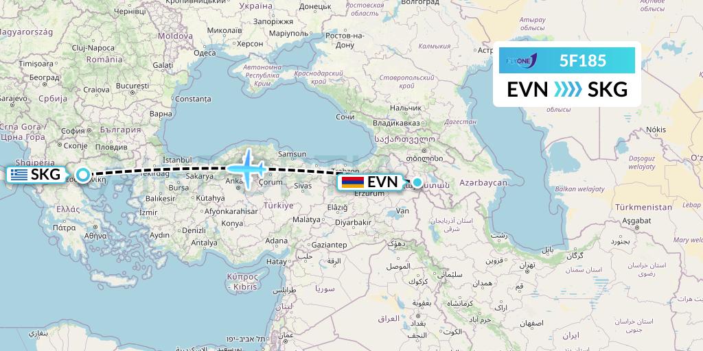 5F185 Fly One Flight Map: Yerevan to Thessaloniki