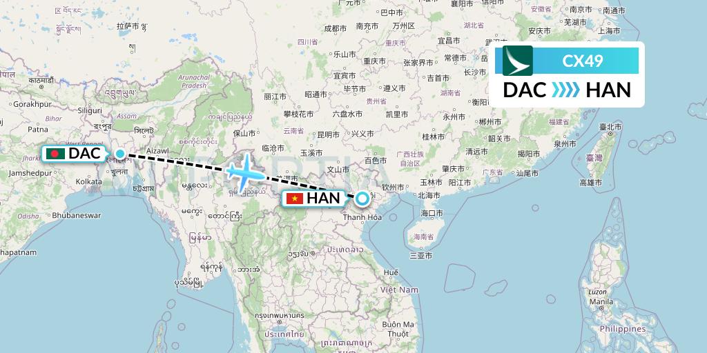 CX49 Cathay Pacific Flight Map: Dhaka to Hanoi