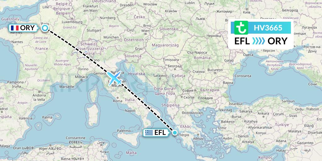 HV3665 Transavia Flight Map: Kefalonia to Paris