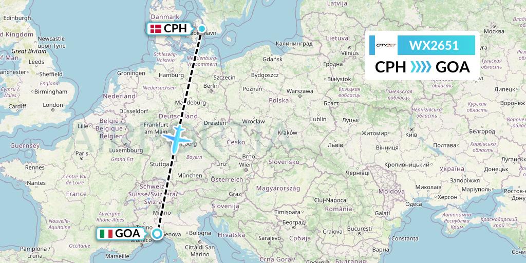 WX2651 Cityjet Flight Map: Copenhagen to Genoa