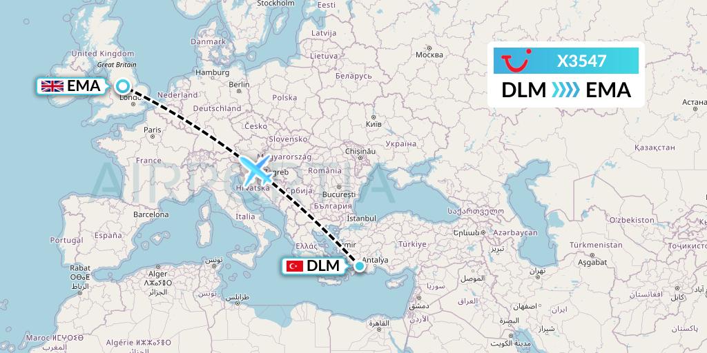 X3547 TUI fly Germany Flight Map: Dalaman to East Midlands