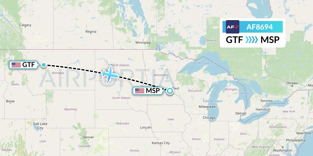 AF8694 Air France Flight Map: Great Falls to Minneapolis
