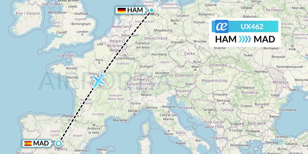 UX462 Air Europa Flight Map: Hamburg to Madrid