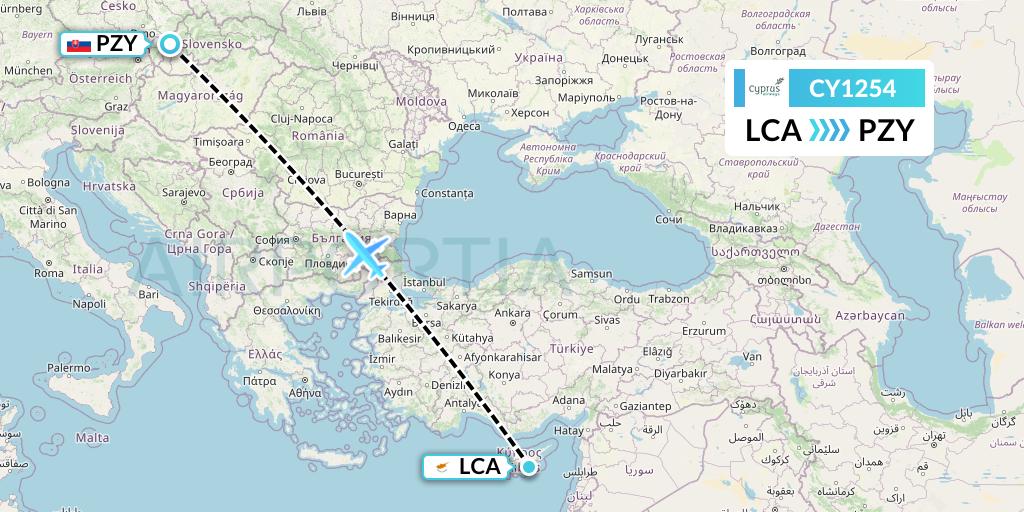 CY1254 Cyprus Airways Flight Map: Larnaca to Piestany