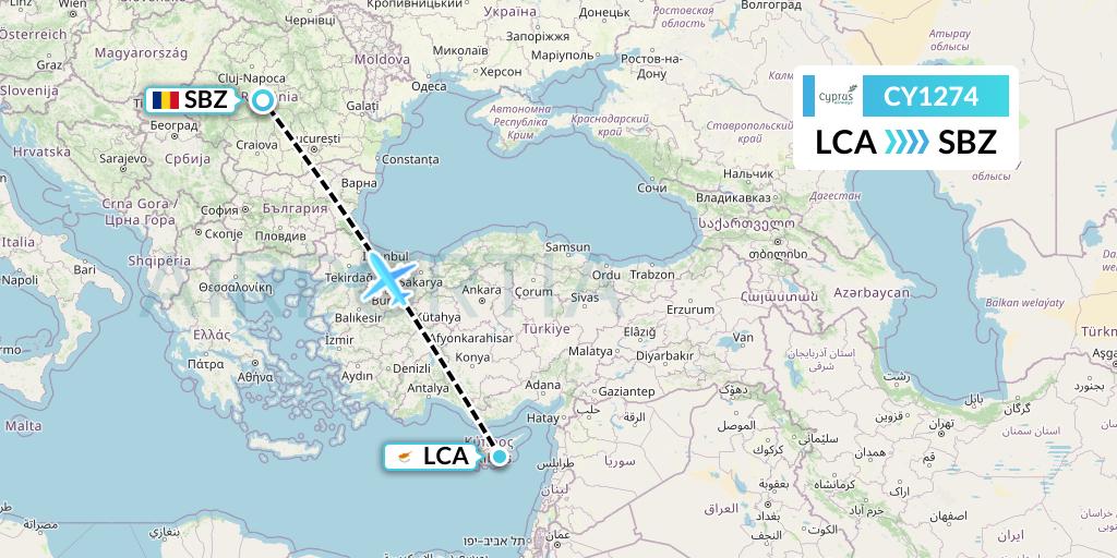 CY1274 Cyprus Airways Flight Map: Larnaca to Sibiu
