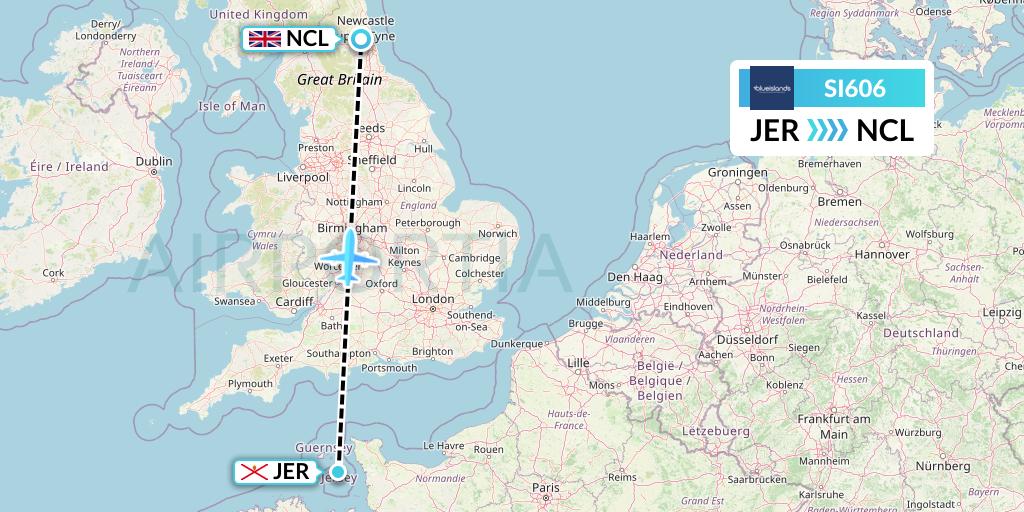 SI606 Blue Islands Flight Map: Jersey to Newcastle