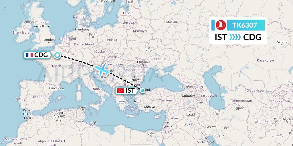 TK6307 Turkish Airlines Flight Map: Istanbul to Paris