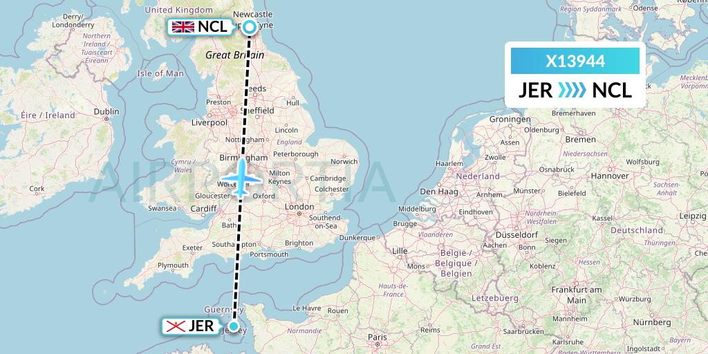 X13944 Nik Airways Flight Map: Jersey to Newcastle