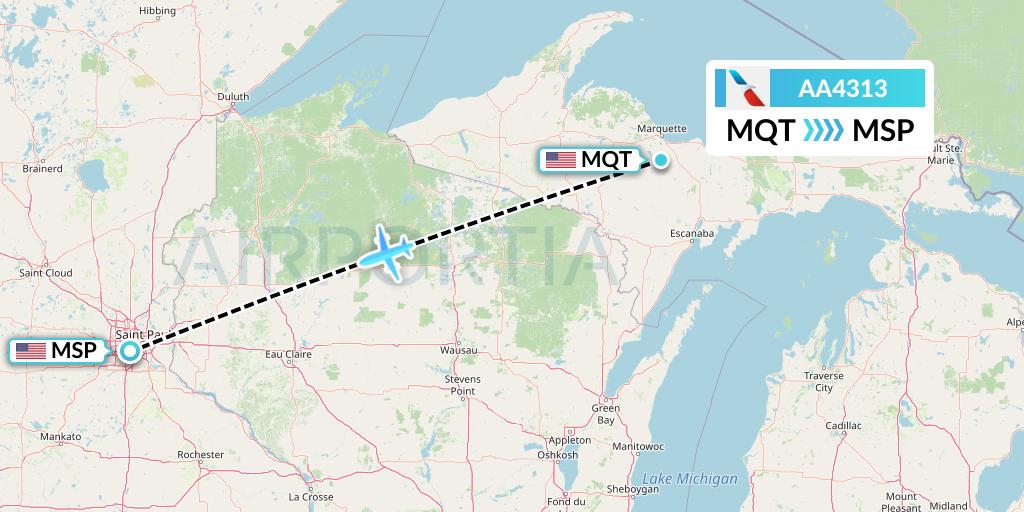 AA4313 American Airlines Flight Map: Marquette to Minneapolis