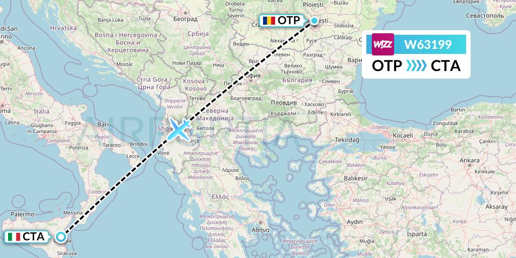 W63199 Wizz Air Flight Map: Bucharest to Catania