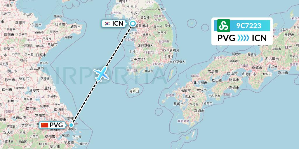 9C7223 Spring Airlines Flight Map: Shanghai to Seoul