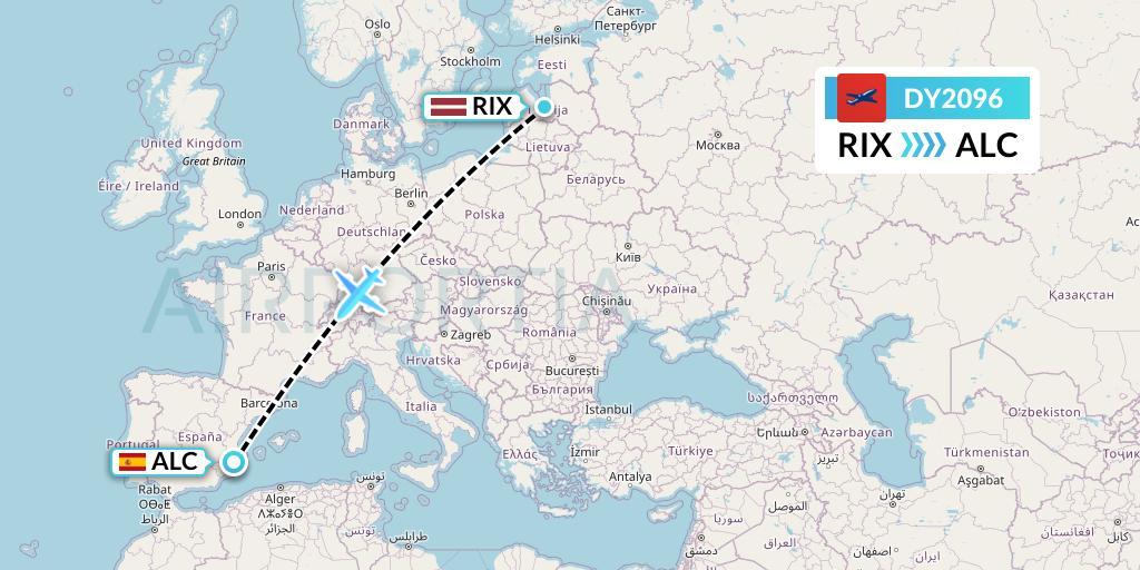 DY2096 Norwegian Flight Map: Riga to Alicante