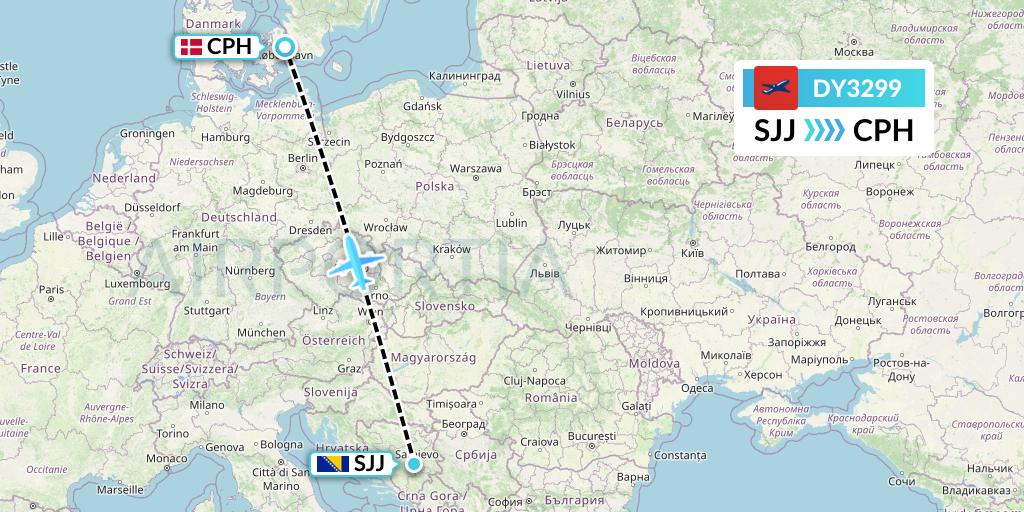 DY3299 Norwegian Flight Map: Sarajevo to Copenhagen