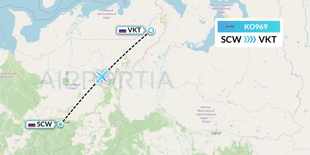 KO969 Komiaviatrans Flight Map: Syktyvkar to Vorkuta