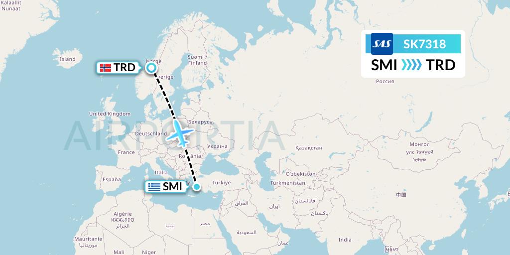 SK7318 SAS Flight Map: Samos to Trondheim
