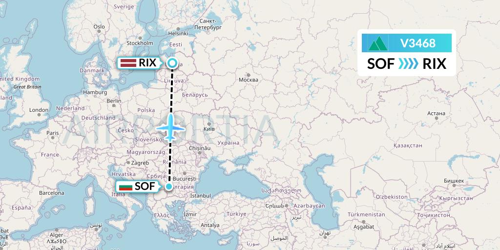 V3468 Carpatair Flight Map: Sofia to Riga
