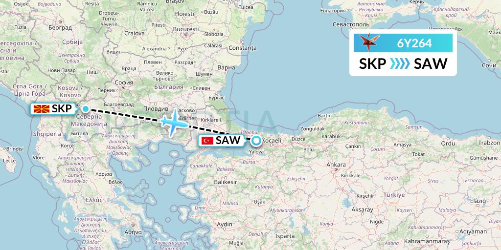 6Y264 SmartLynx Flight Map: Skopje to Istanbul