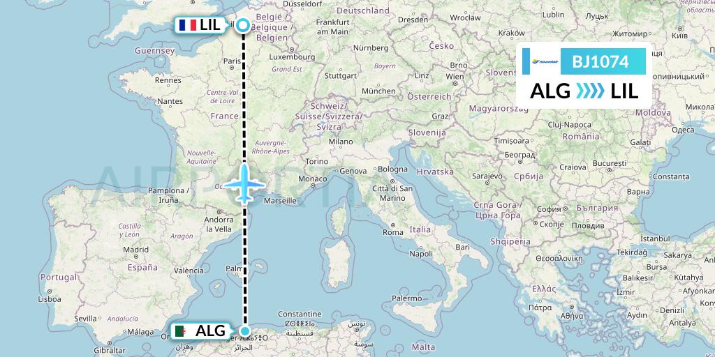 BJ1074 Nouvelair Tunisie Flight Map: Algiers to Lille