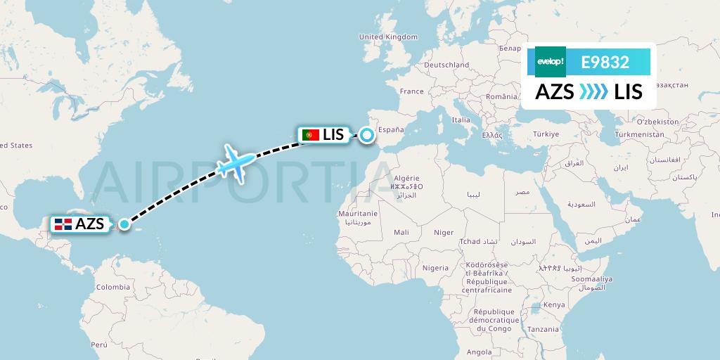 E9832 Evelop Airlines Flight Map: Samana to Lisbon