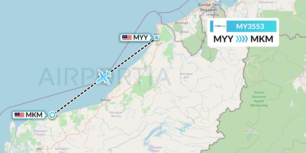 MY3553 MASwings Flight Map: Miri to Mukah