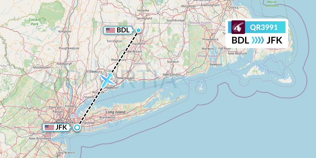 QR3991 Qatar Airways Flight Map: Windsor Locks to New York