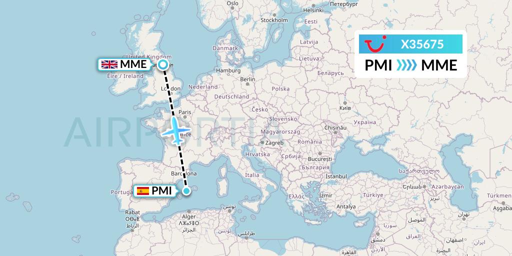 X35675 TUI fly Germany Flight Map: Palma de Mallorca to Darlington