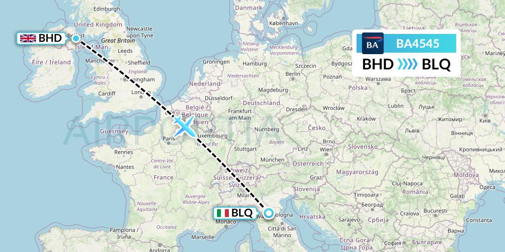 BA4545 British Airways Flight Map: Belfast to Bologna