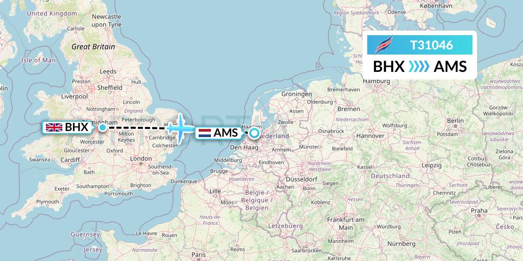 T31046 Eastern Airways Flight Map: Birmingham to Amsterdam