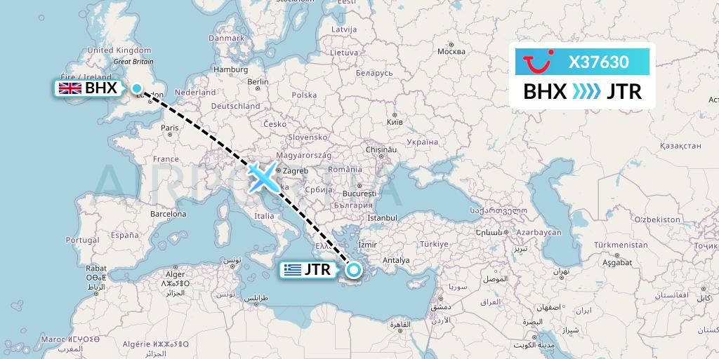 X37630 TUI fly Germany Flight Map: Birmingham to Santorini