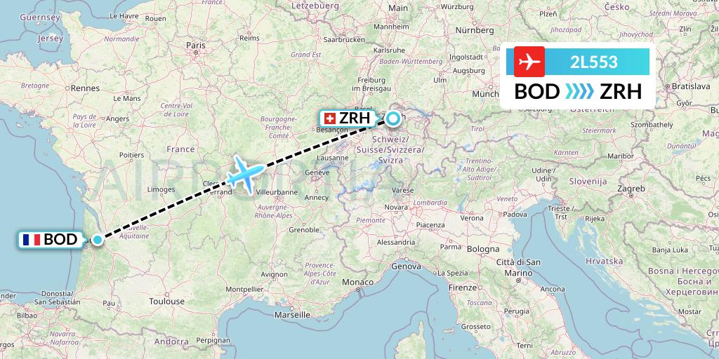2L553 Helvetic Airways Flight Map: Bordeaux to Zurich