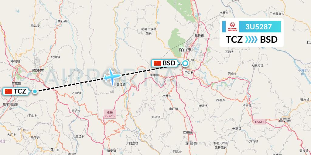 3U5287 Sichuan Airlines Flight Map: Tengchong to Baoshan