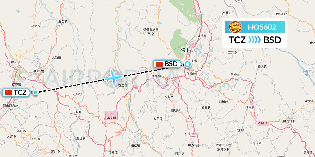 HO5602 Juneyao Airlines Flight Map: Tengchong to Baoshan