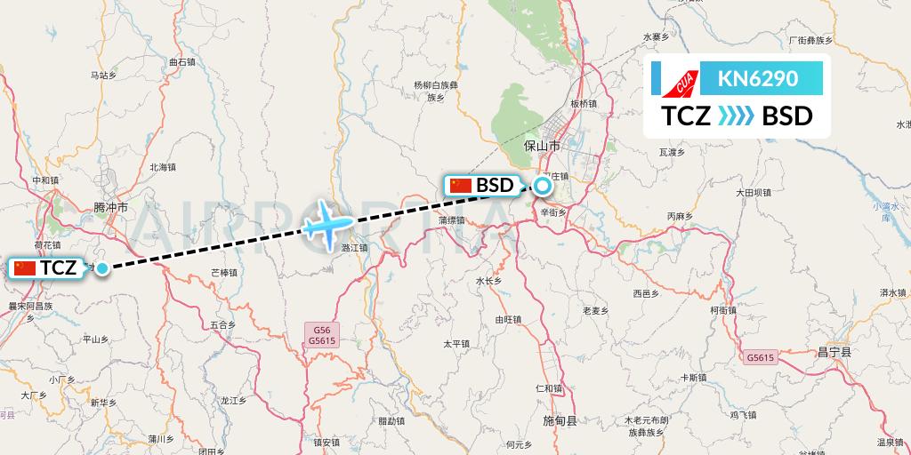 KN6290 China United Airlines Flight Map: Tengchong to Baoshan