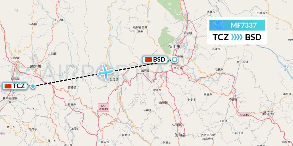 MF7337 Xiamen Airlines Flight Map: Tengchong to Baoshan