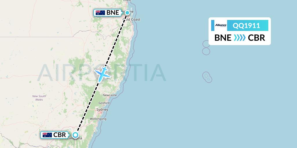 QQ1911 Alliance Airlines Flight Map: Brisbane to Canberra