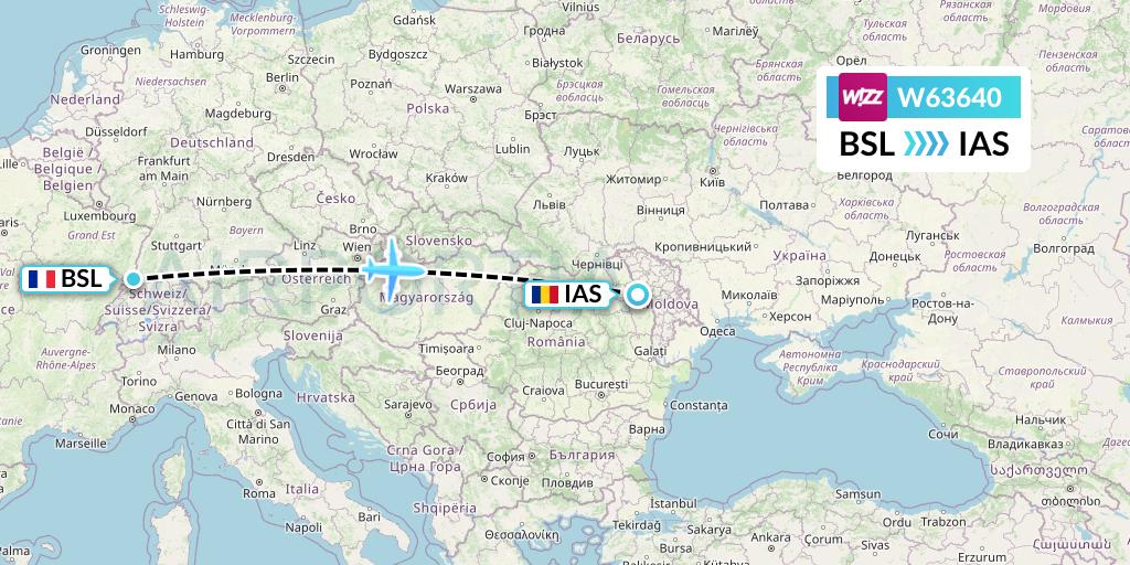 W63640 Wizz Air Flight Map: Basel to Iasi