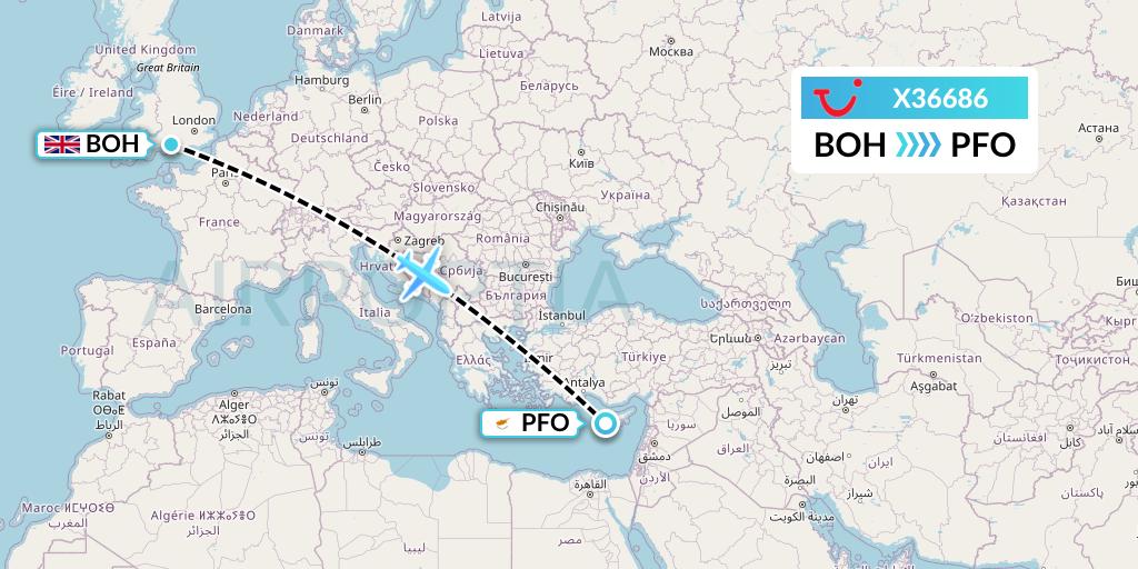X36686 TUI fly Germany Flight Map: Bournemouth to Pafos