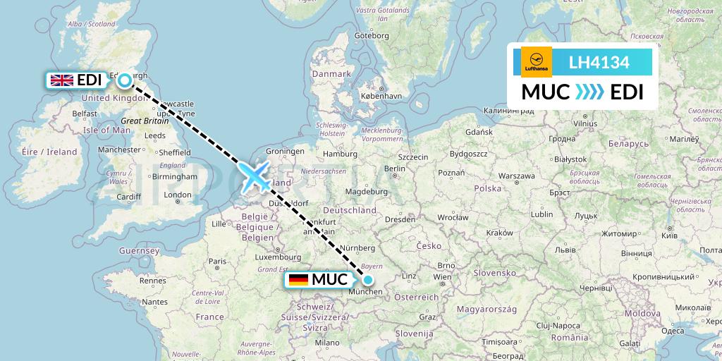LH4134 Lufthansa Flight Map: Munich to Edinburgh