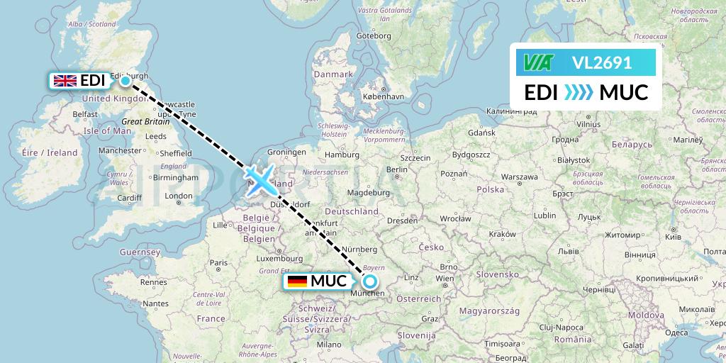VL2691 Air Via Flight Map: Edinburgh to Munich