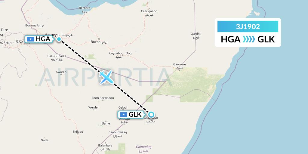 3J1902 Jubba Airways Flight Map: Hargeisa to Galcaio