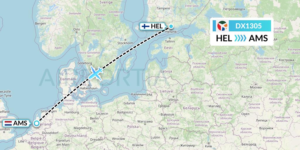DX1305 Danish Air Transport Flight Map: Helsinki to Amsterdam