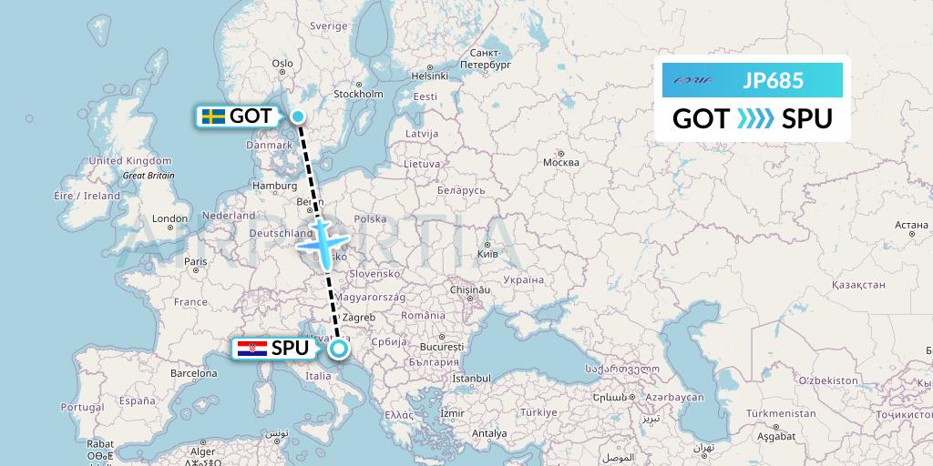 JP685 Adria Airways Flight Map: Gothenburg to Split