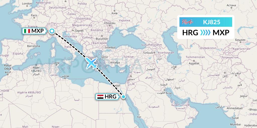 KJ825 Air Incheon Flight Map: Hurghada to Milan