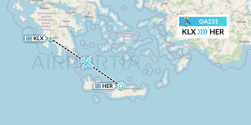 OA231 Olympic Air Flight Map: Kalamata to Heraklion