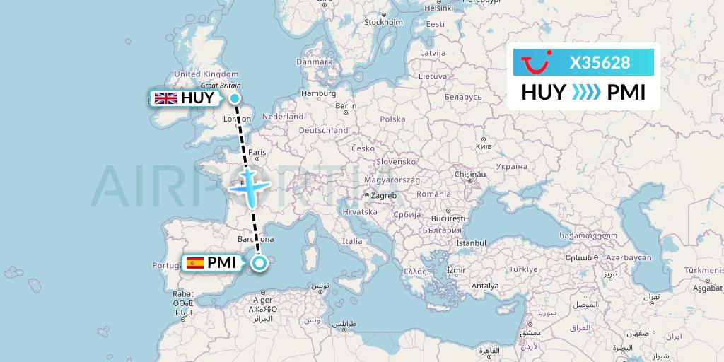 X35628 TUI fly Germany Flight Map: Humberside to Palma de Mallorca