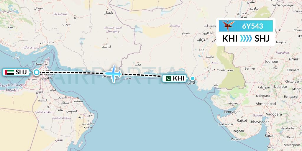 6Y543 SmartLynx Flight Map: Karachi to Sharjah