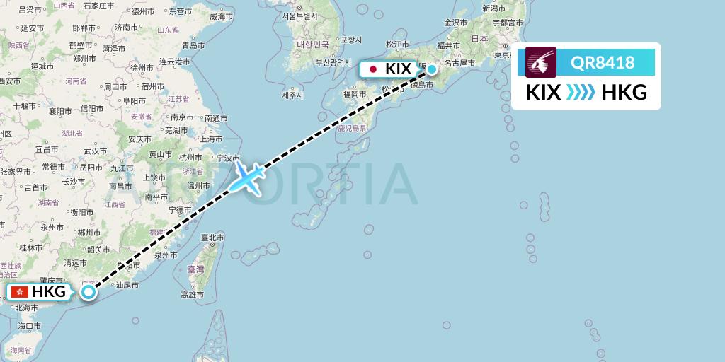 QR8418 Qatar Airways Flight Map: Osaka to Hong Kong
